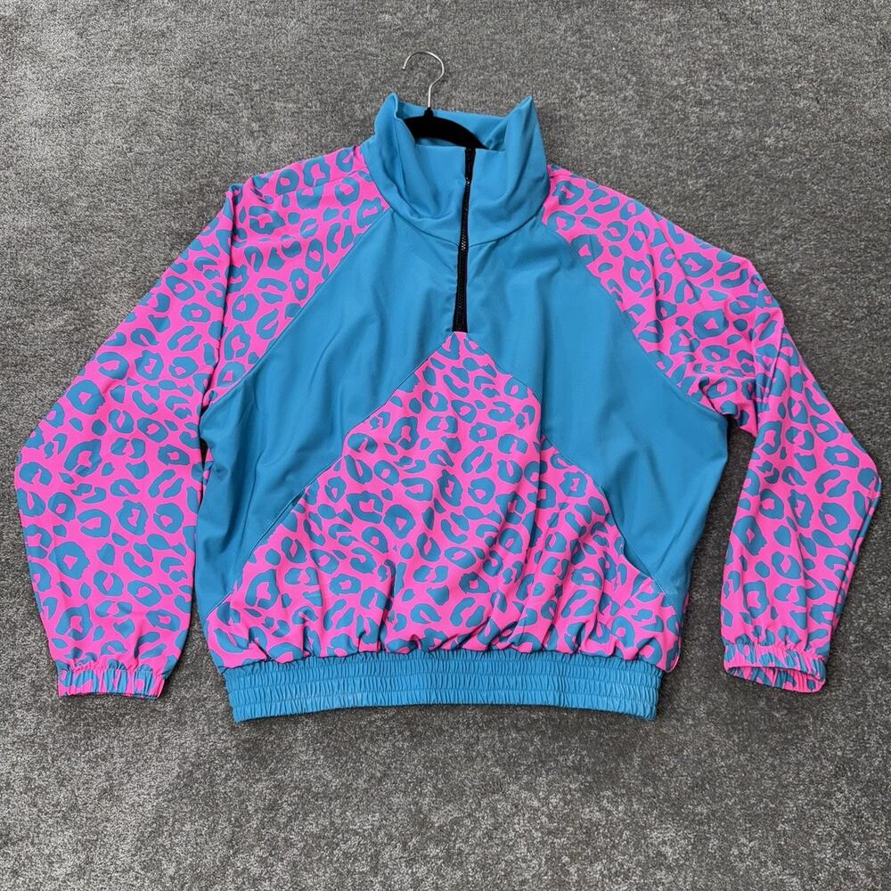 Goldsheep Pink Blue Leopard Print Pullover Jacket M 80s 90s Retro Quarter Zip
